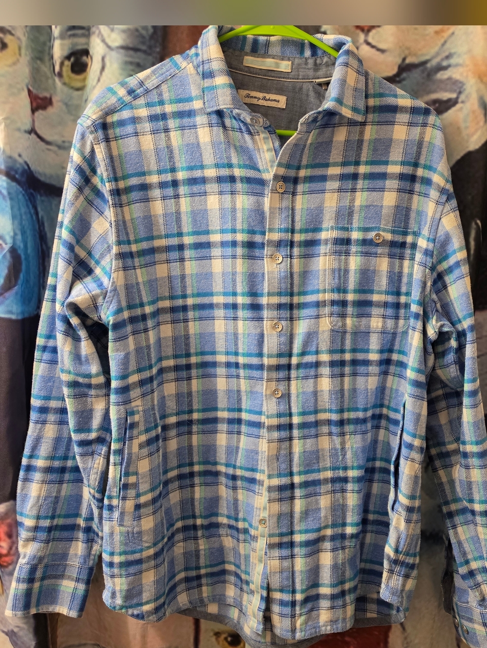 Tommy Bahama Light Blue/green/white Flannel With Pockets